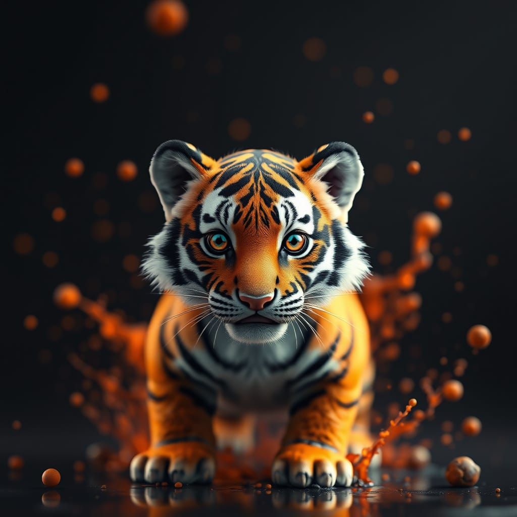 Mini Tiger on Vibrant Orange and Black Background