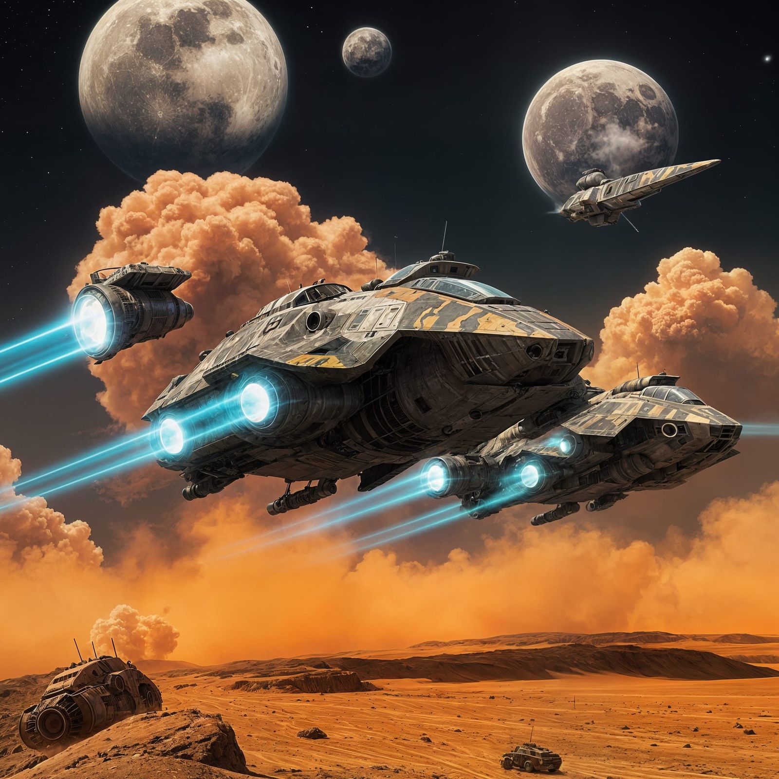 Futuristic Hovercraft Firing Energy Beams on Dusty Planet