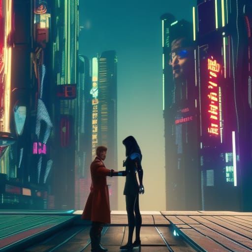 Cyberpunk Annunciation in a Neon Cityscape