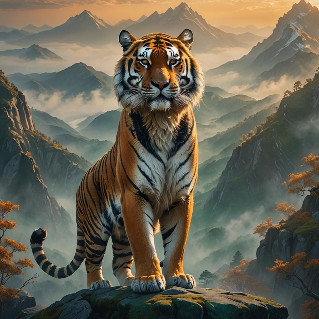 Majestic Tiger on Misty Peak in Fantasy Style