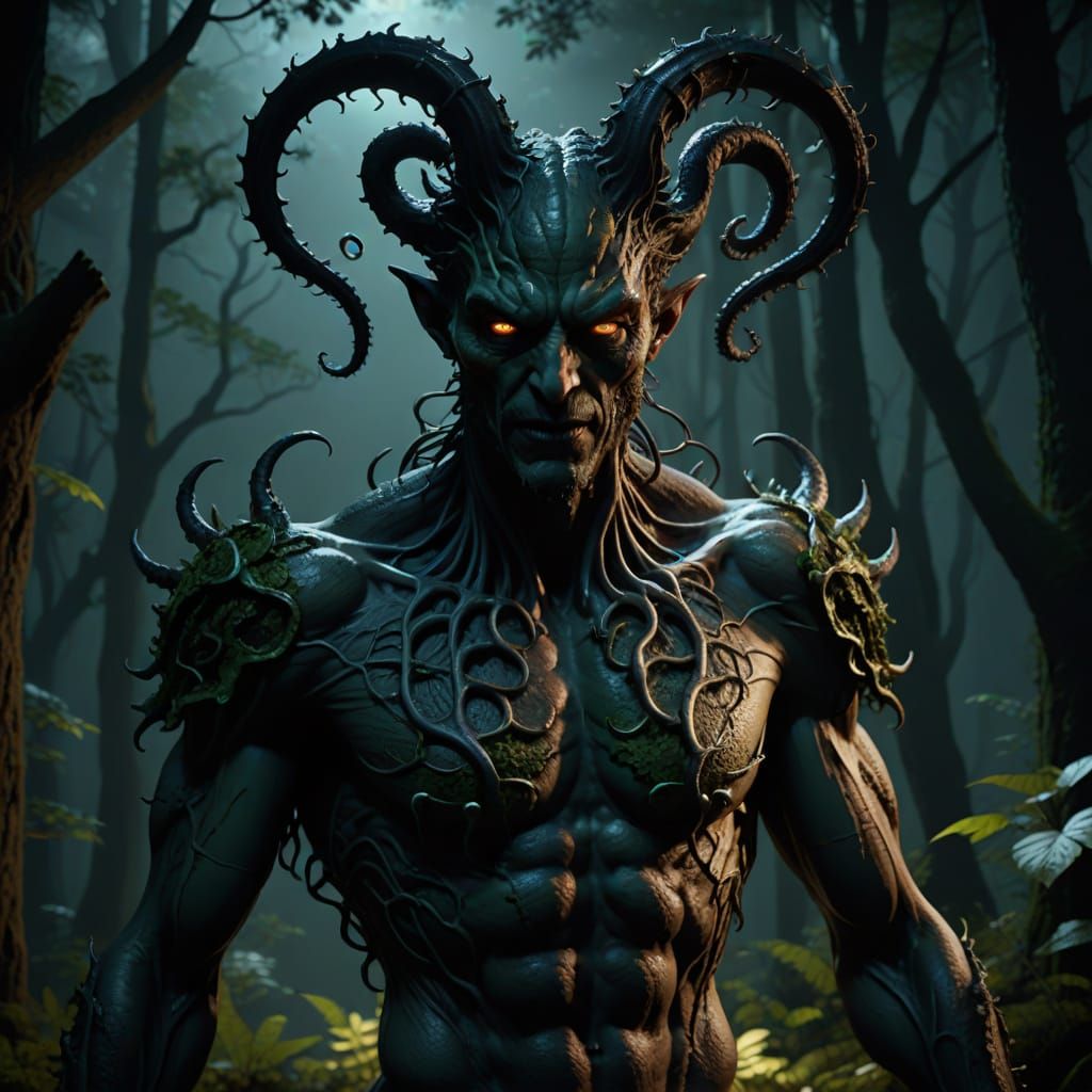Fae Shadow Demon with Tentacles in Forest at Night