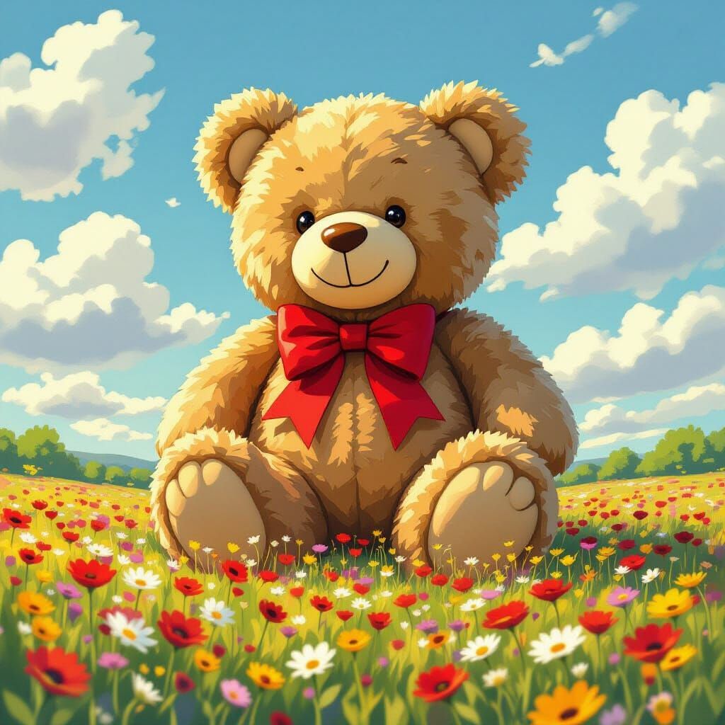 A giant teddy bear over a flower field in early spring.