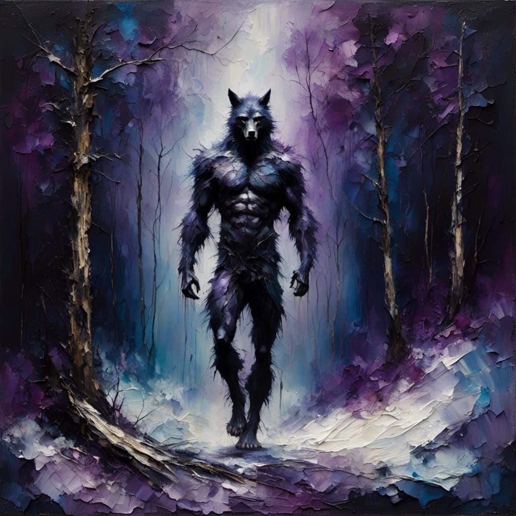 Muscular Werewolf in Dark Forest as Impasto Painting