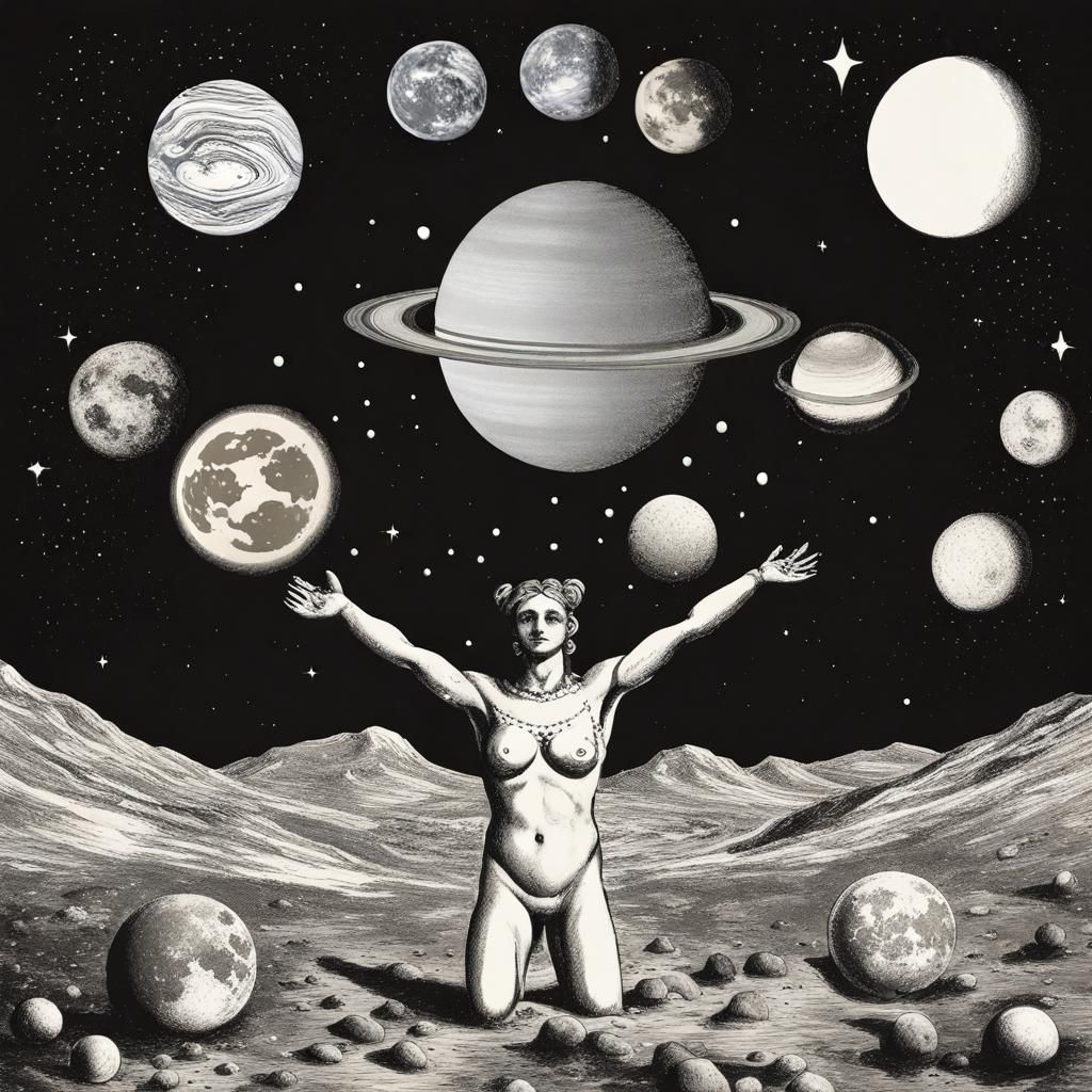 Planets Orbiting the Moon in Starry Sky