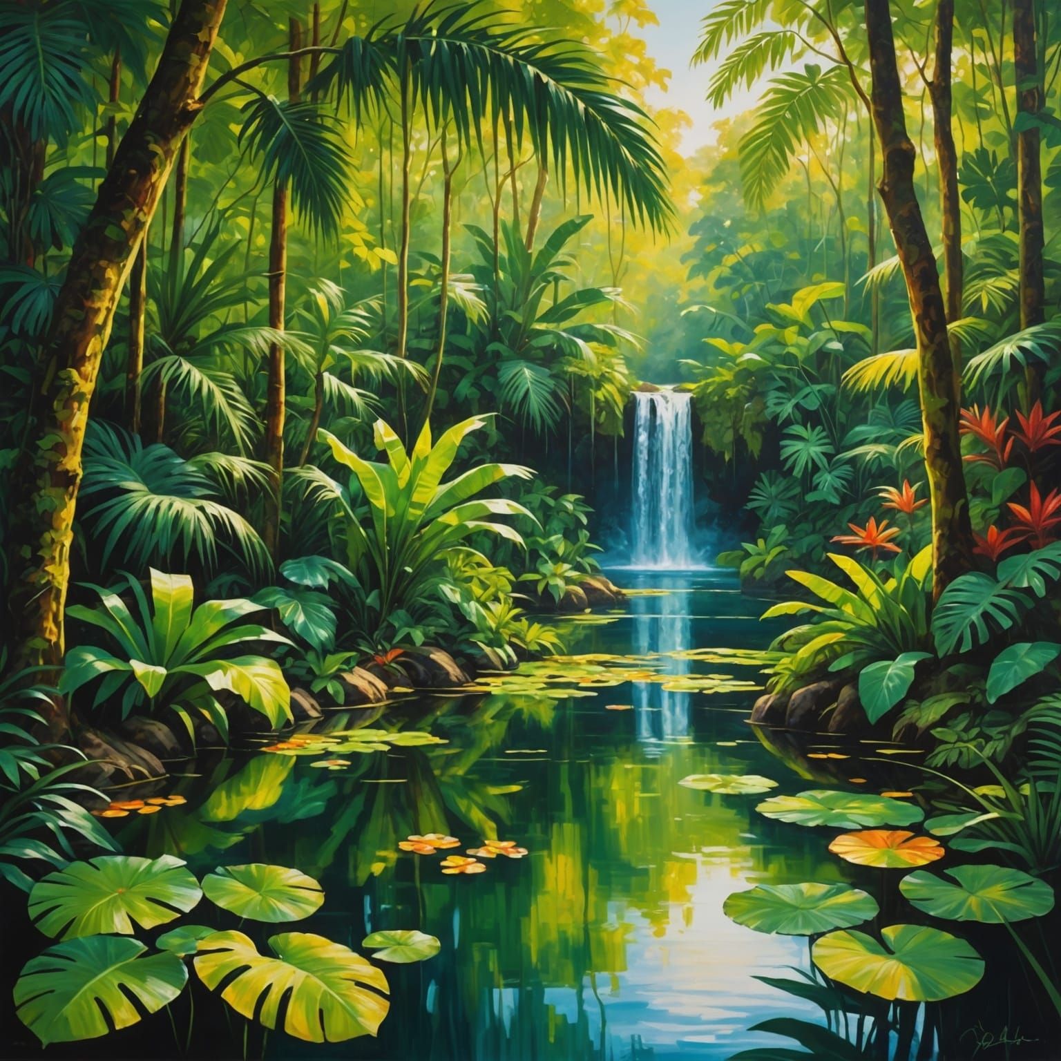 Lush Jungle Waterfall in Vibrant Oil Painting