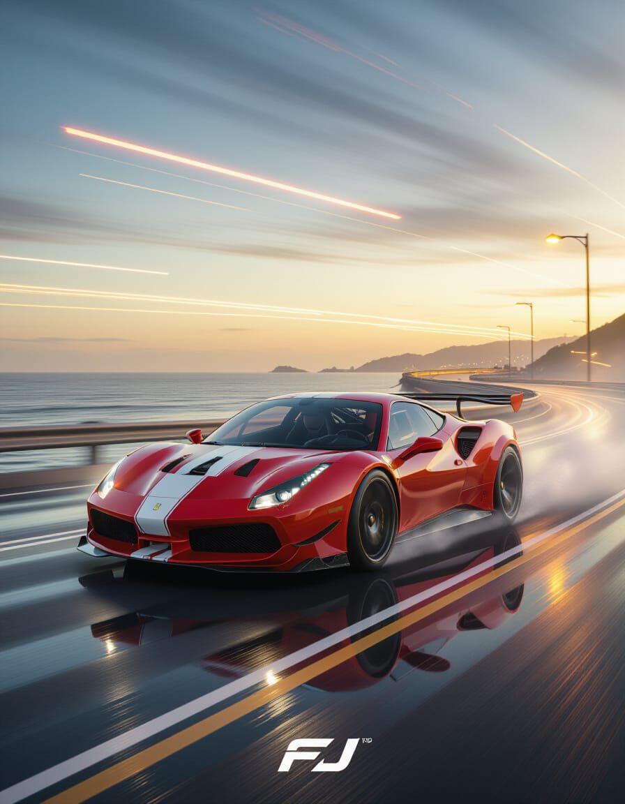Red Sports Car Speeds on Coastal Highway at Golden Hour