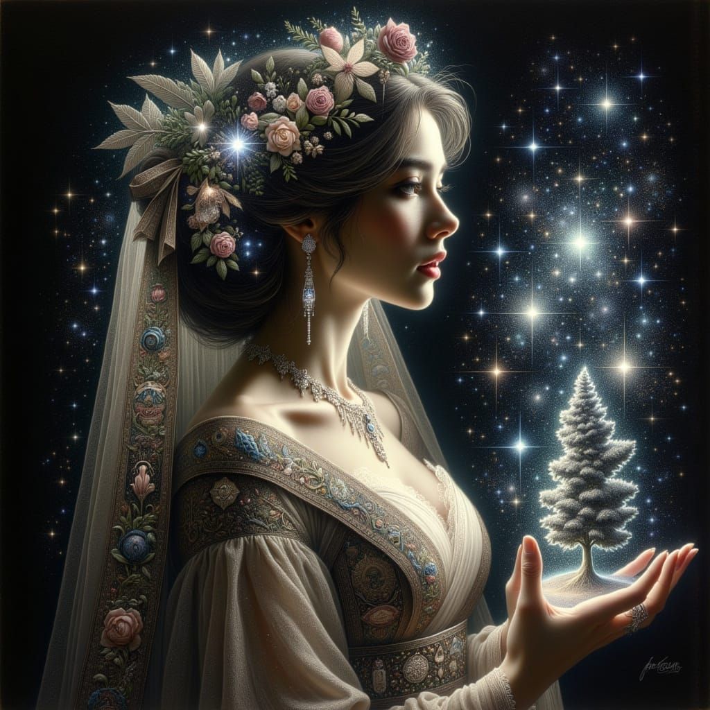 Translucent Lucrezia Borgia Portrait with Starry Sky Shine
