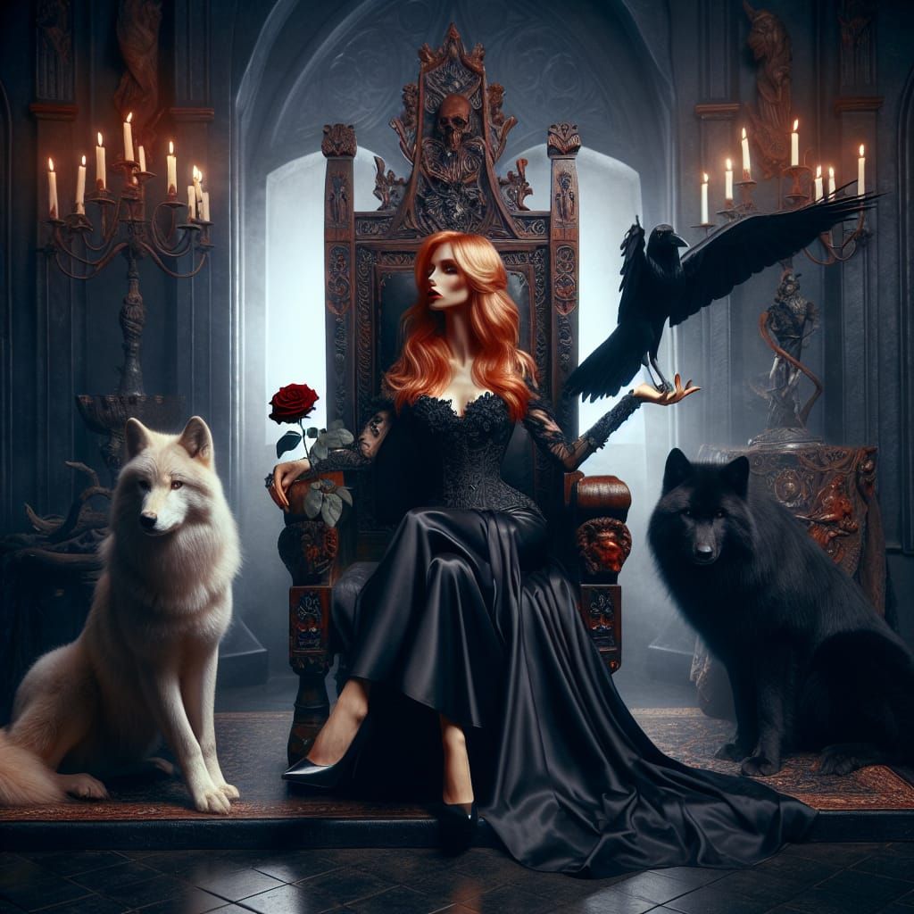Gothic Witch Queen with Wolves in Throne Room