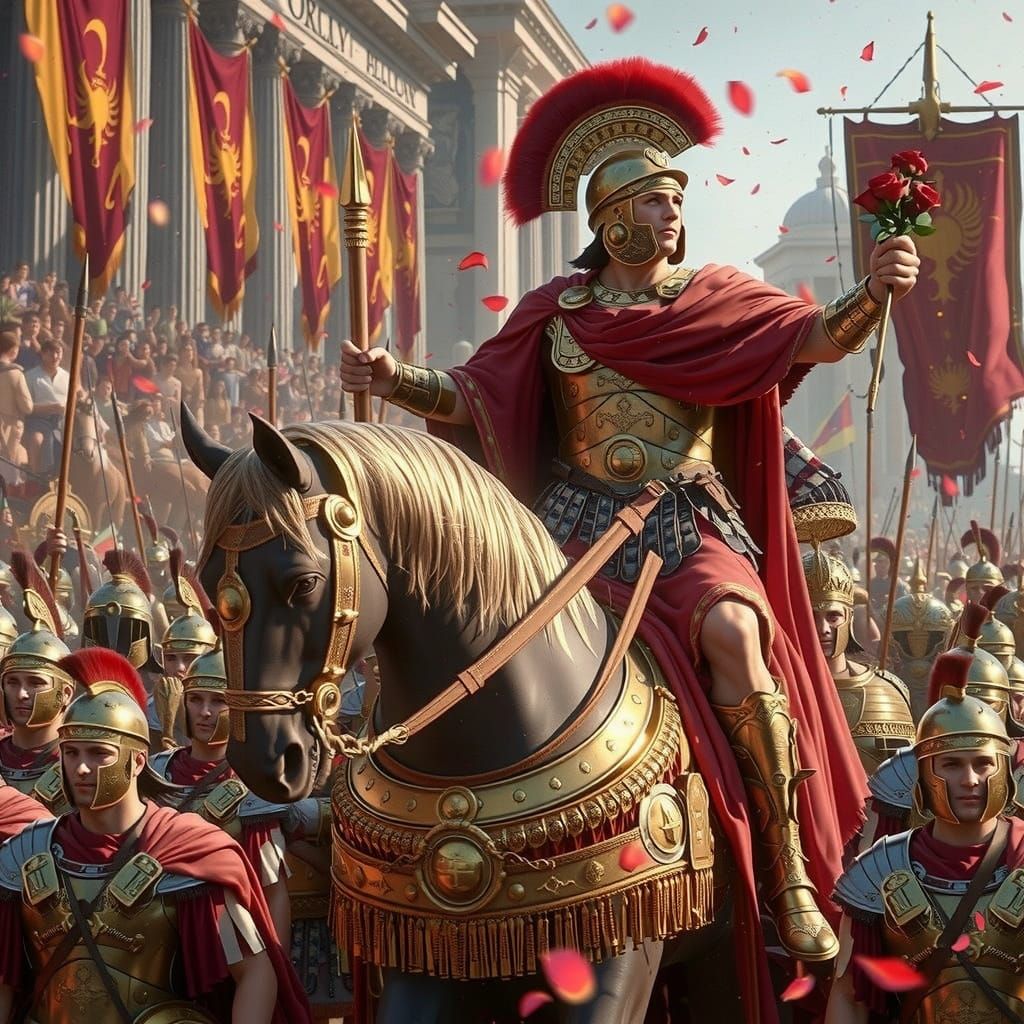 Virtuous Roman General Triumphs in Golden Chariot, Ancient R...