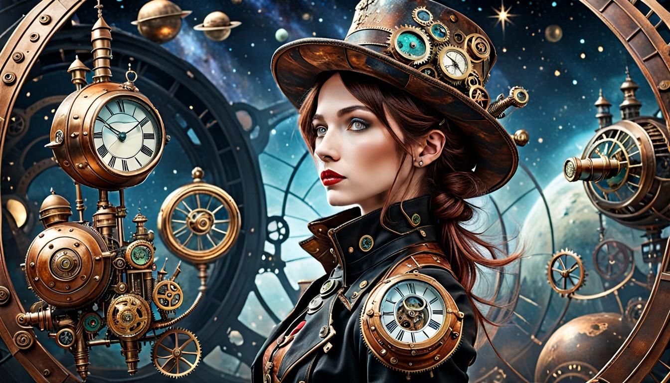 Steampunk Space Scene with Flying Saucer
