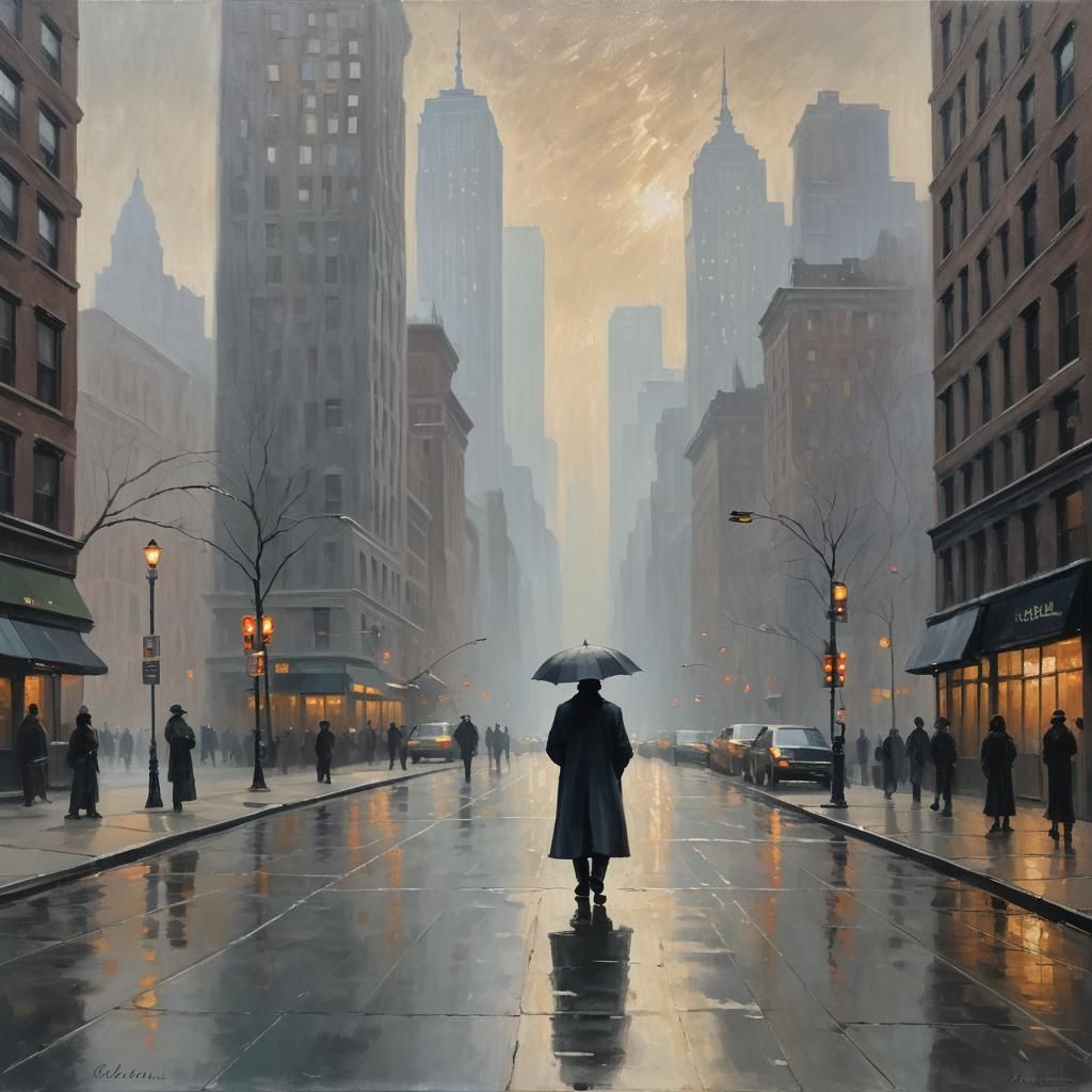 Misty New York City Street: Impressionist Oil Painting