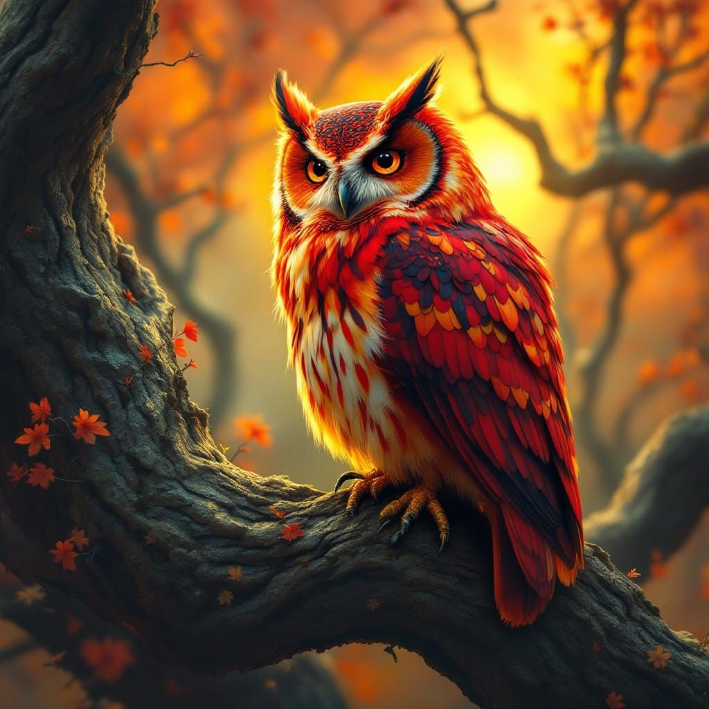 Fantastical Sunset Owl Perched in a Gnarled Tree