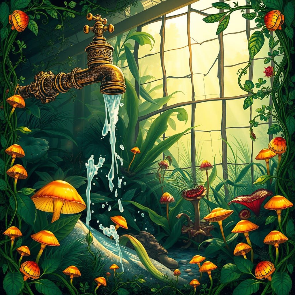 Carnivorous Greenhouse Oasis: A Whimsical Illustration