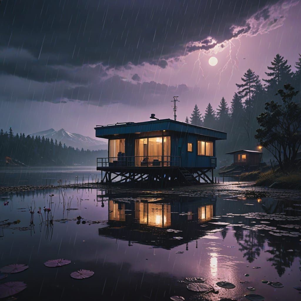 Moody Cabin Afloat on a Lotus-Laden Lake in a Futuristic Wor...