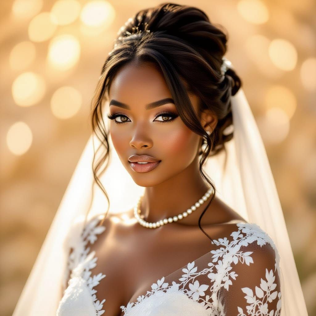 Bride in Lace Wedding Dress with Pearl Necklace