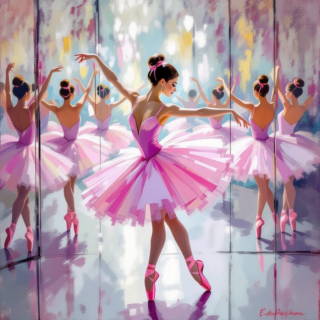 Elegant Ballerina Dancing in Mirror Room, Abstract Style