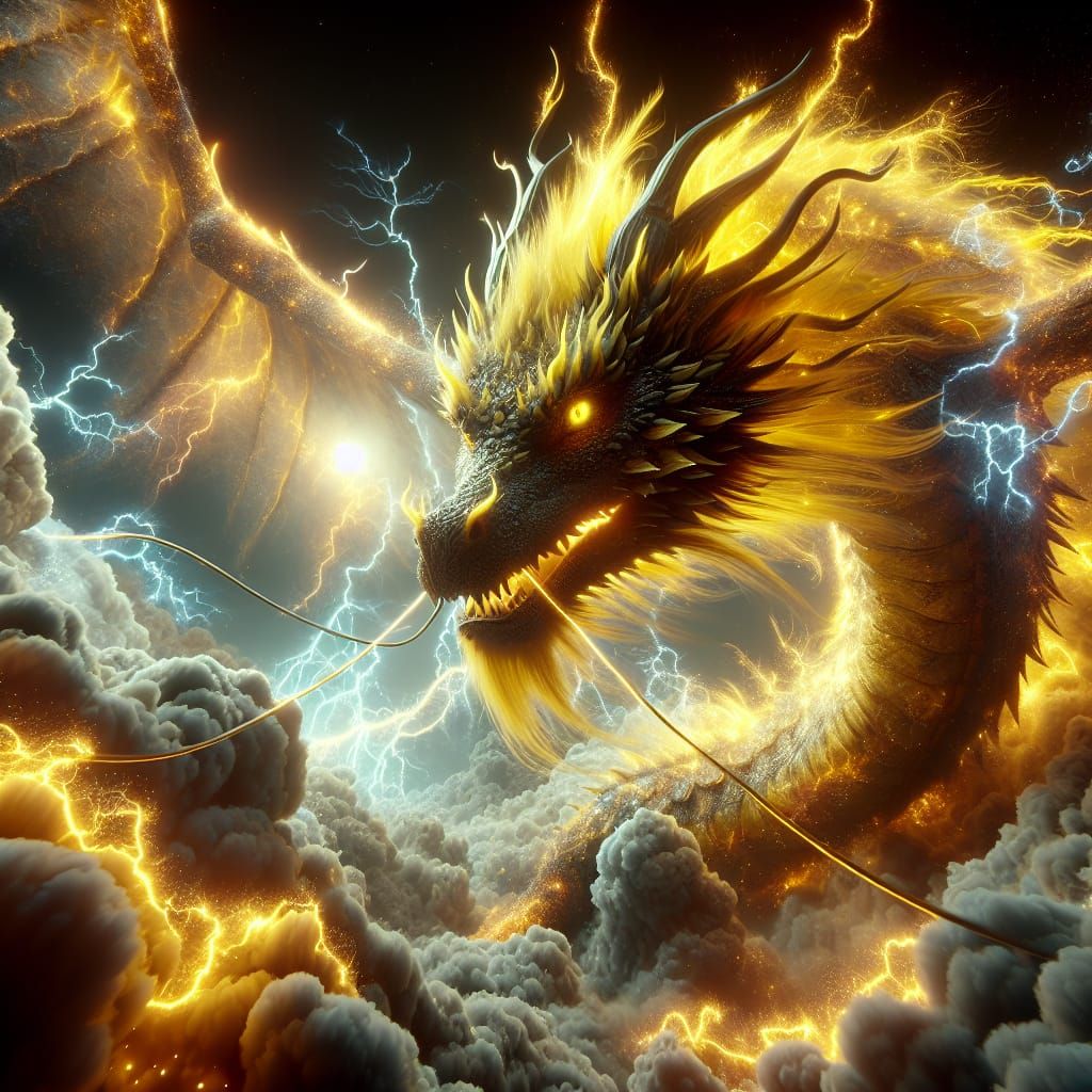 Extremely detailed yellow dragon in a lightning storm