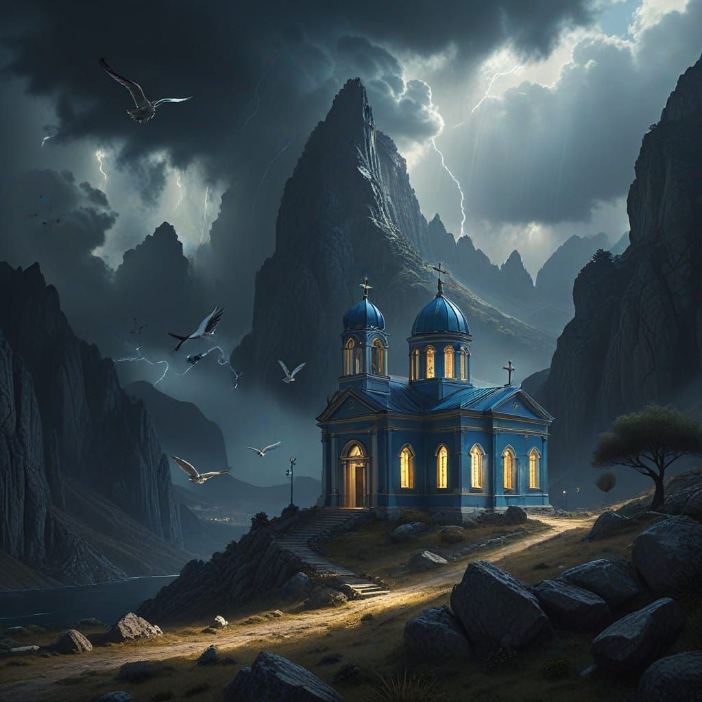 Greek Church in Mountains Under Fractal Storm Skies