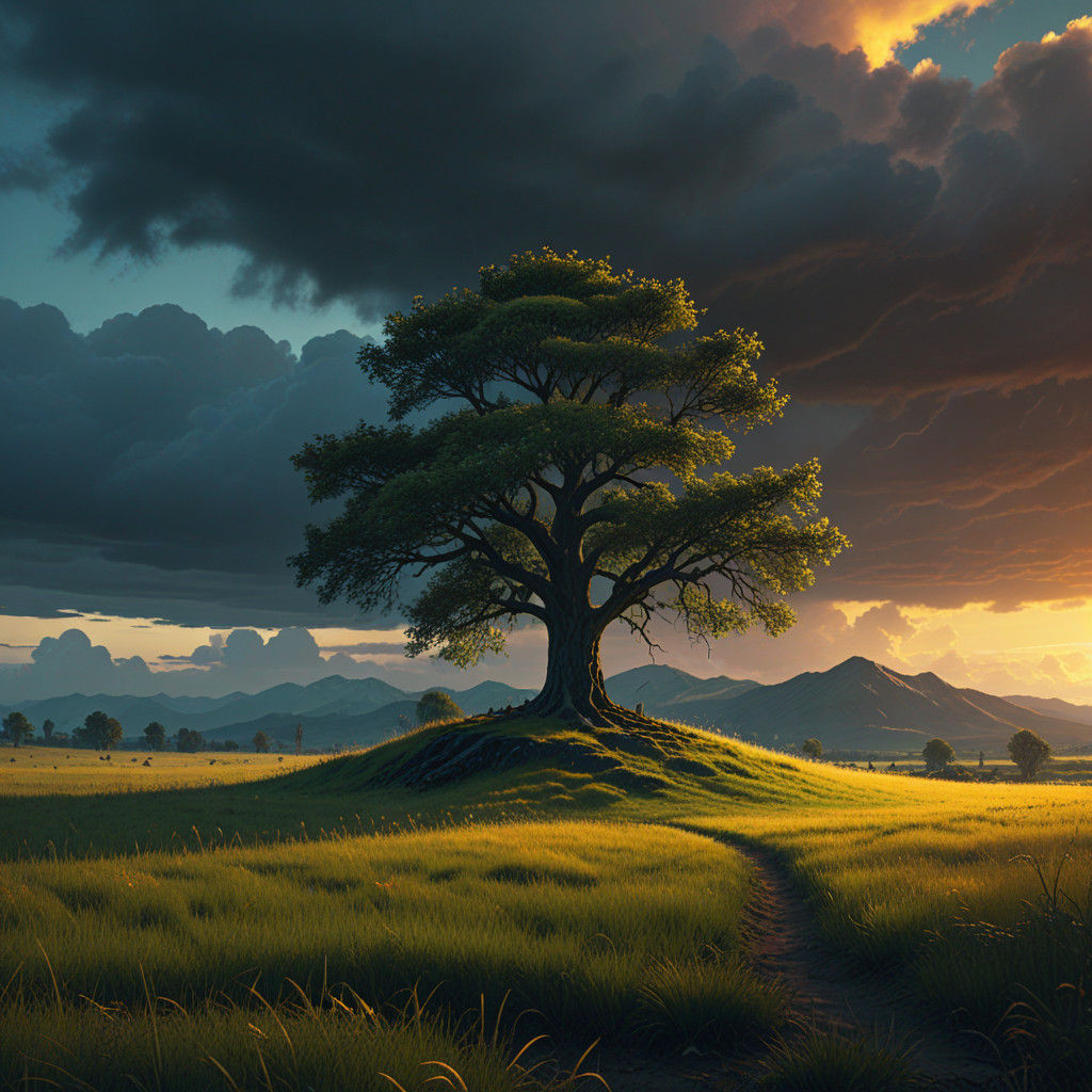 Epic Lone Tree in a Golden Grass Field Under a Dramatic Red...