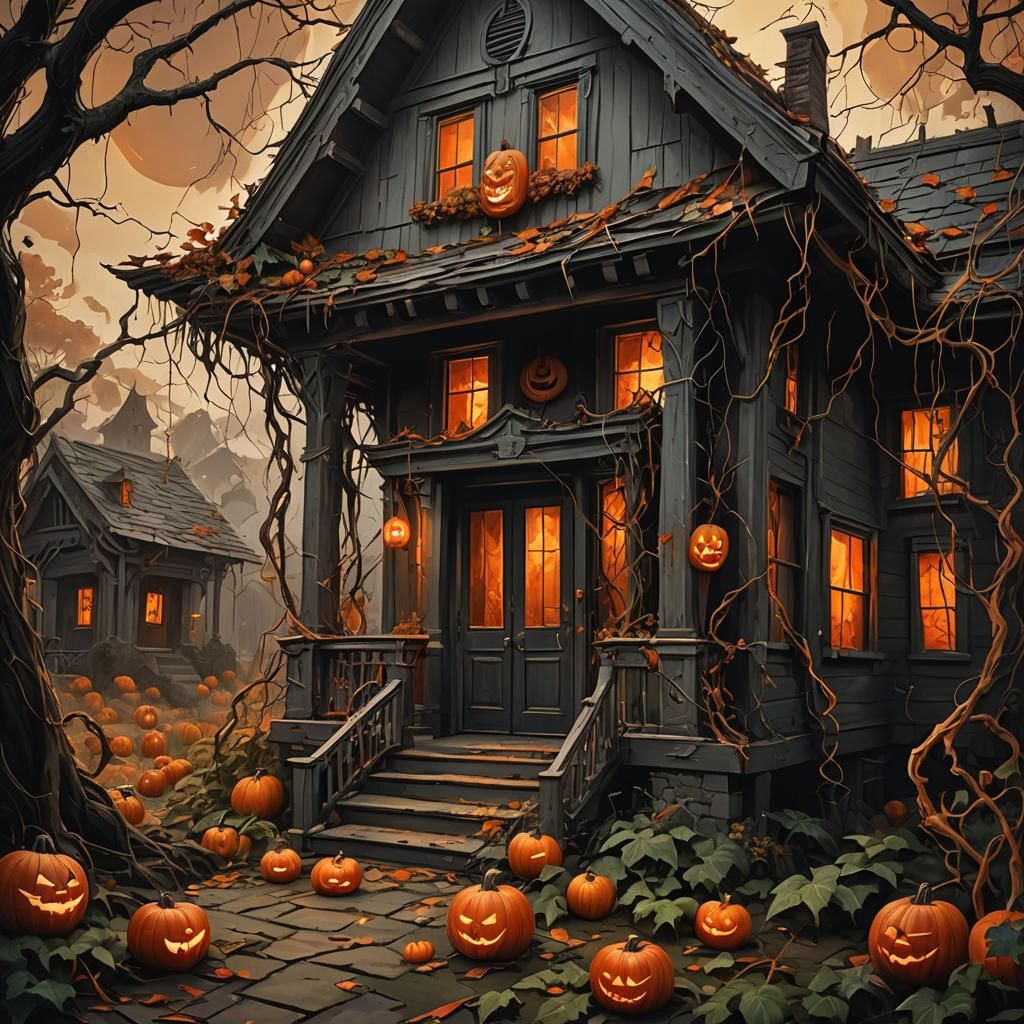 Ominous Jack-o'-Lantern House in Dark Fantasy Style