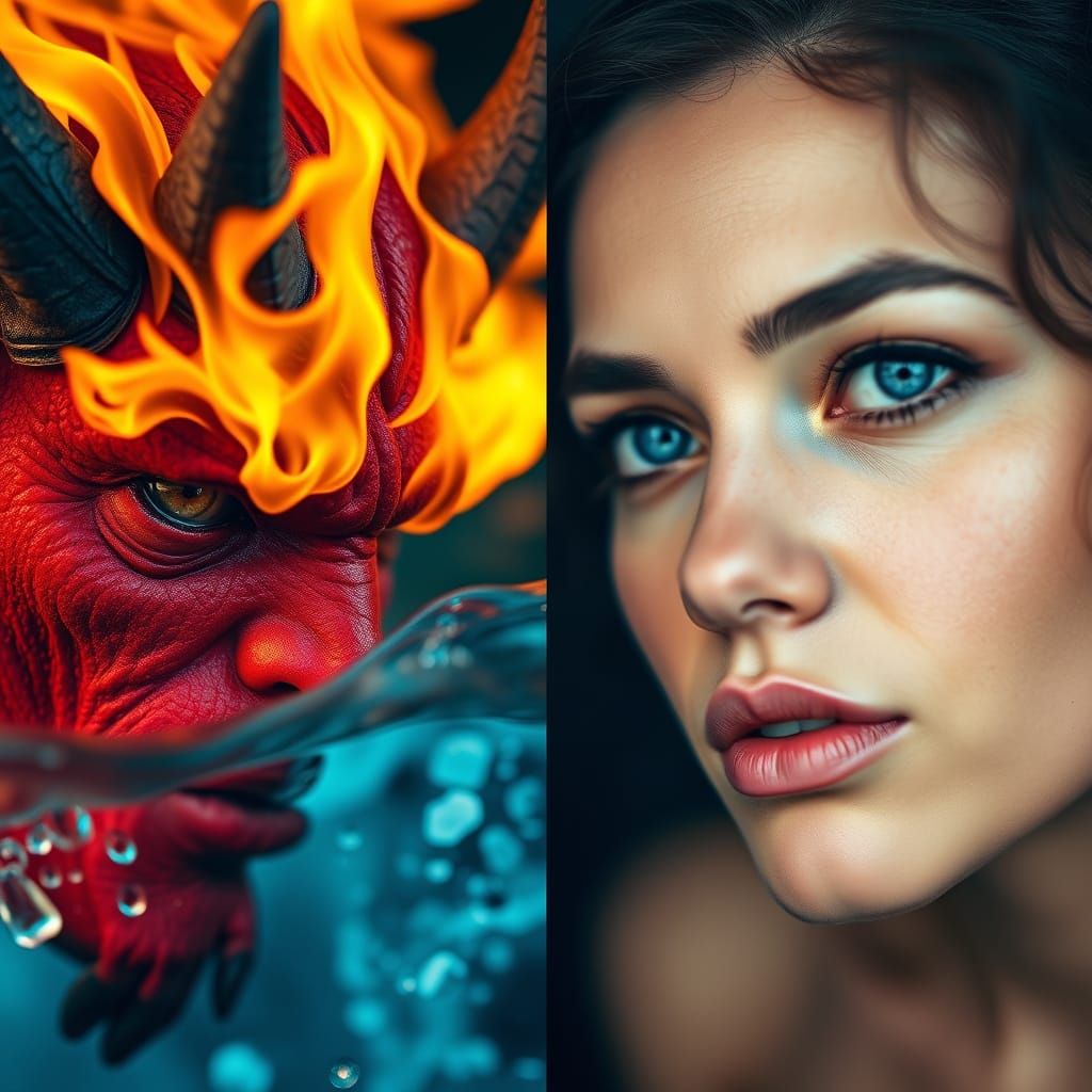 Fire Demon & Water Angel Split Screen Portraits