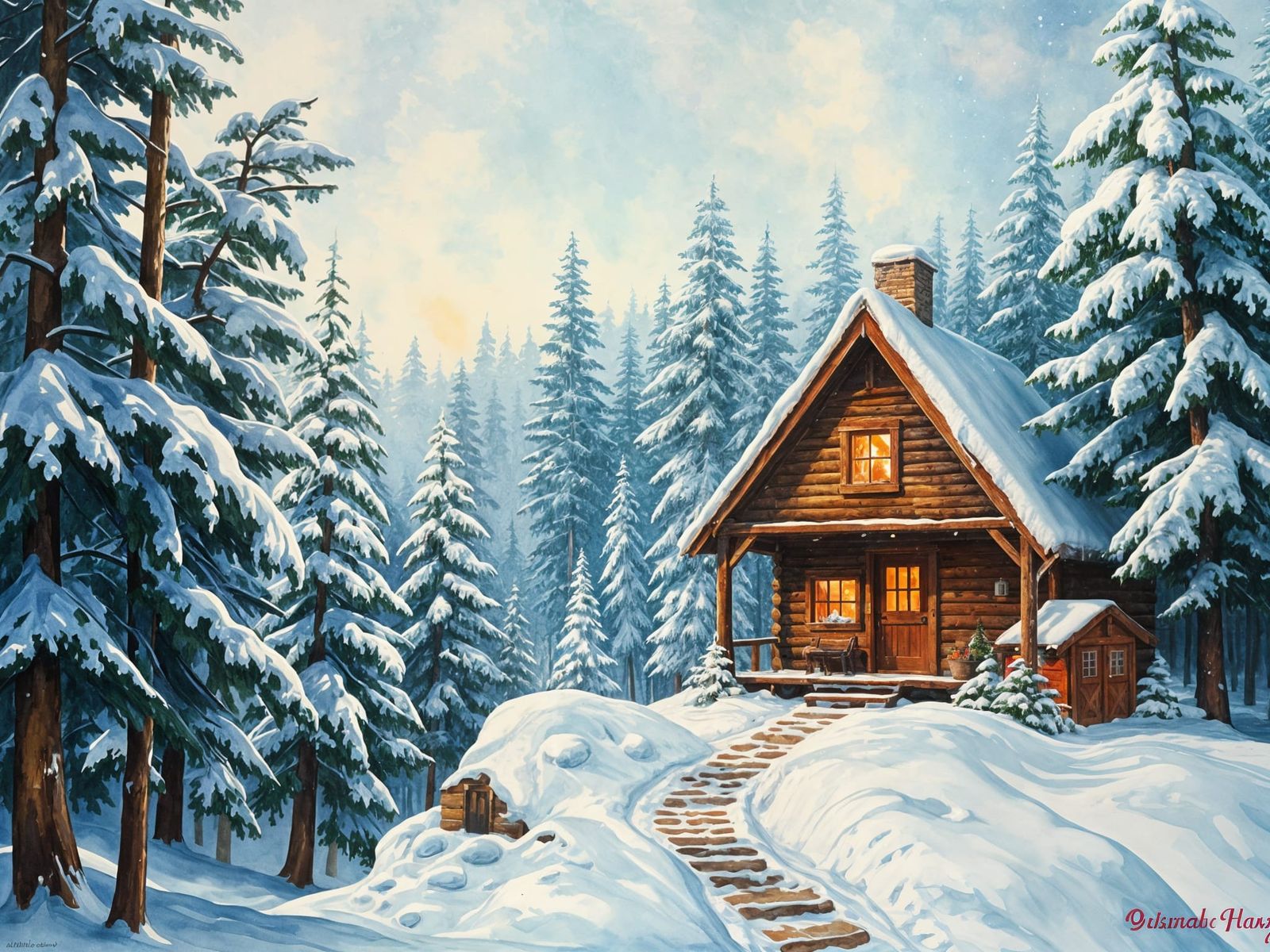 Winter Hut Vintage Postcard in Gouache Style