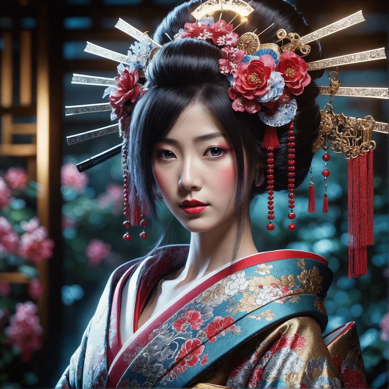 Detailed Geisha Portrait in Oriental Garden Setting