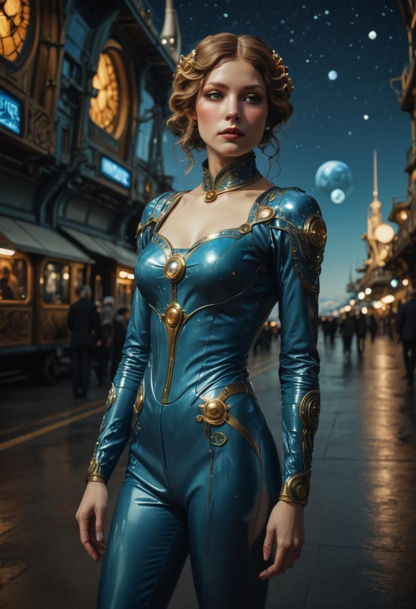 Spaceport Scene with Woman in Art Nouveau Style