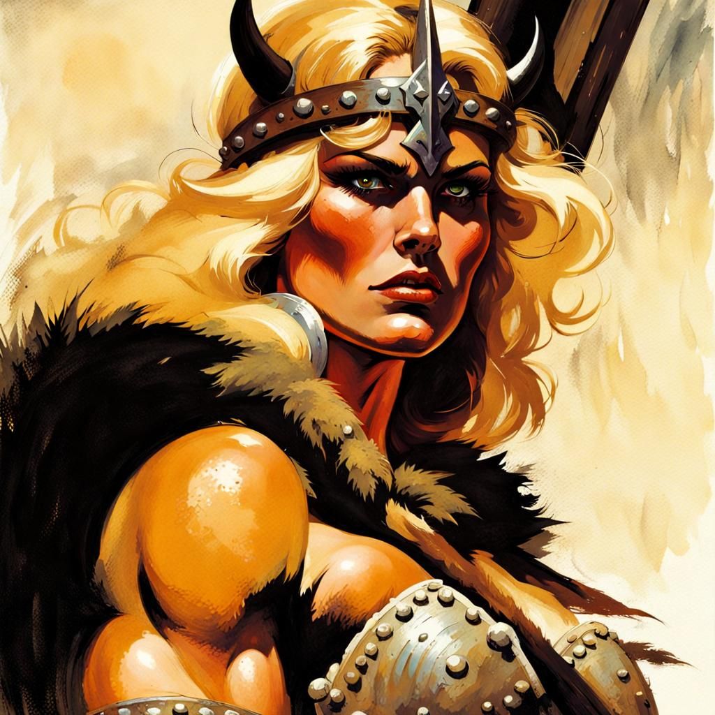 Confident Blonde Barbarian Woman in Frazetta Style
