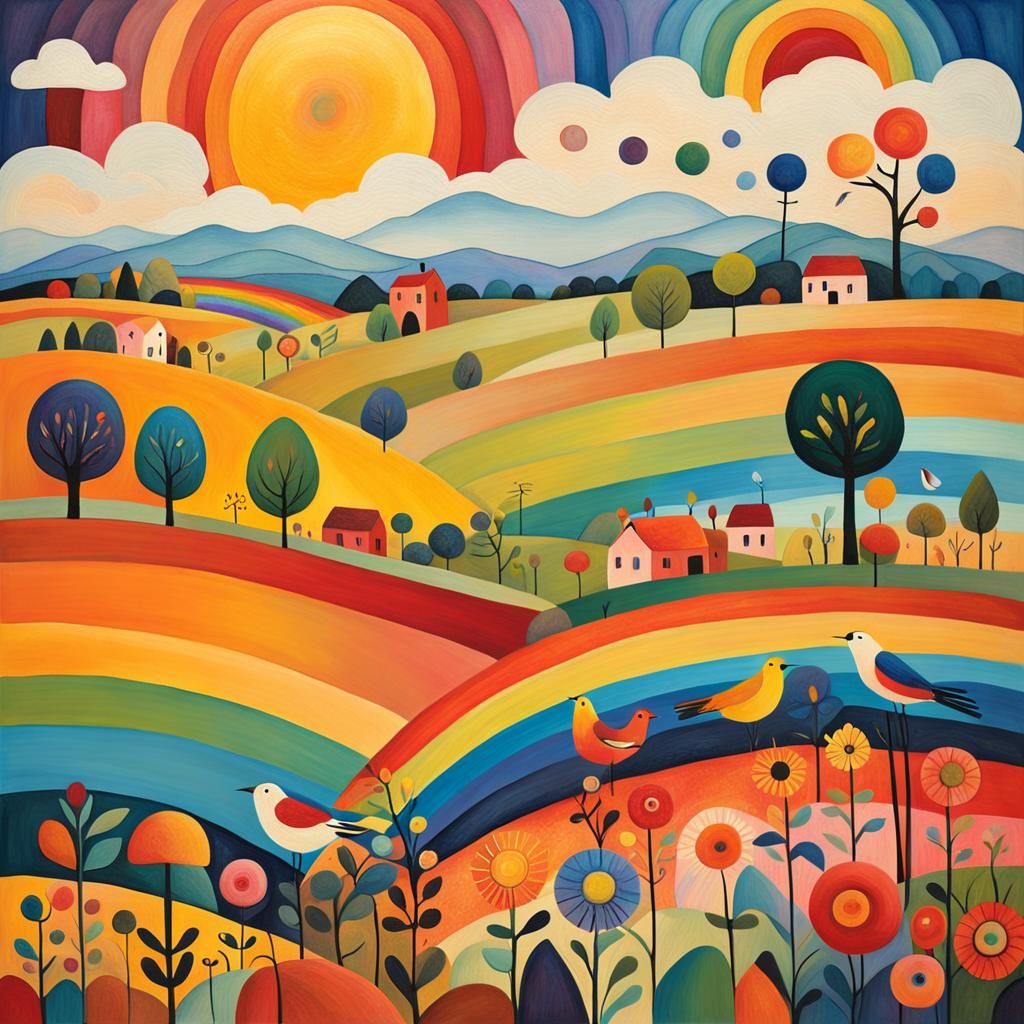 Whimsical Folk Art Rainbow Landscape