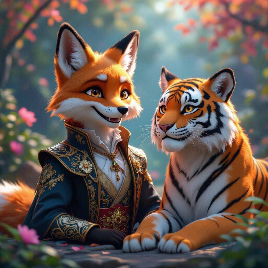 Elegant Fox Smiles at Tiger in Detailed 3D Anime Style