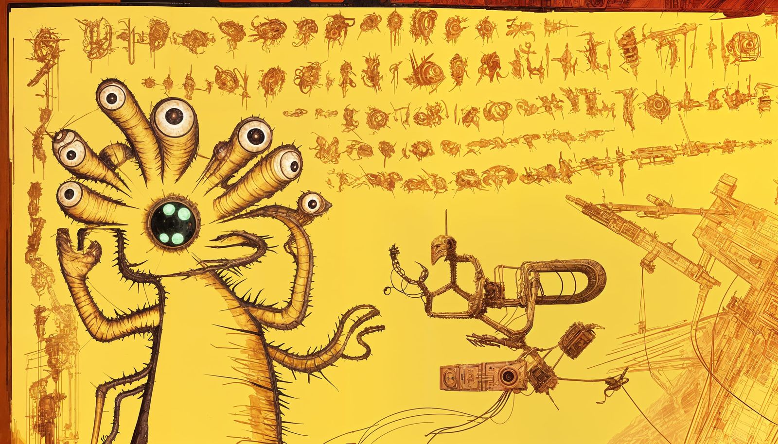 Ethereal Alien Scribe in Giger-Inspired Industrial Realm