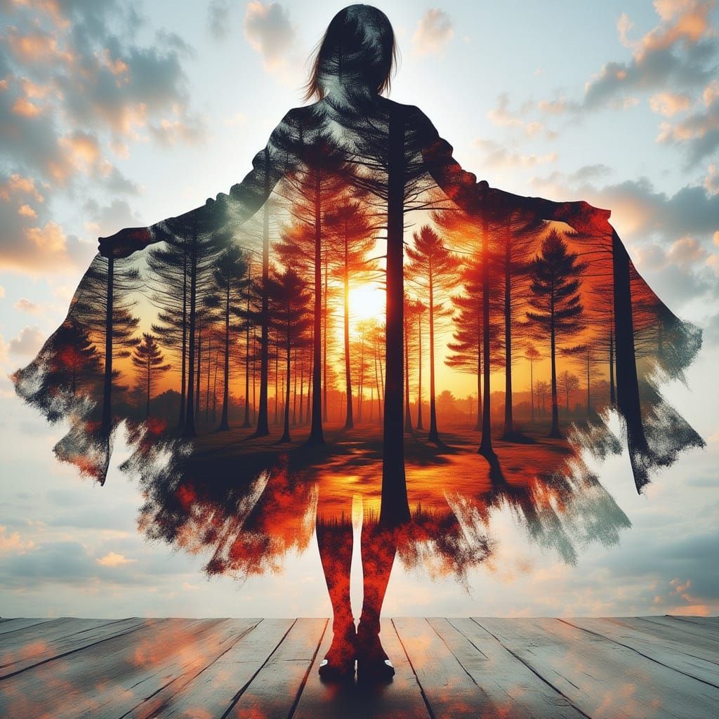 Silhouette Fairy Panorama in Vibrant Double Exposure