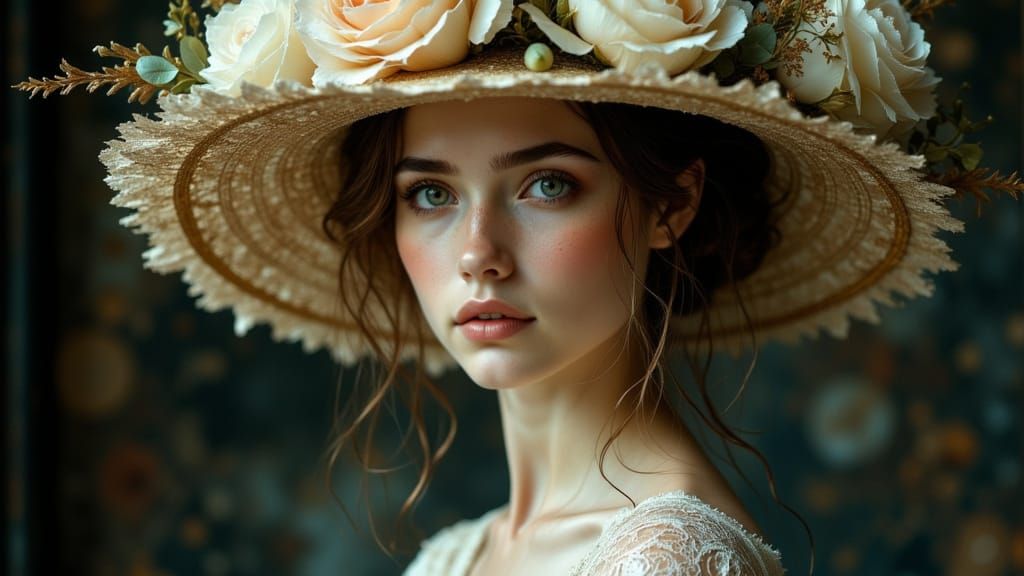 Elegant Woman in Floral Hat: Art Nouveau Style