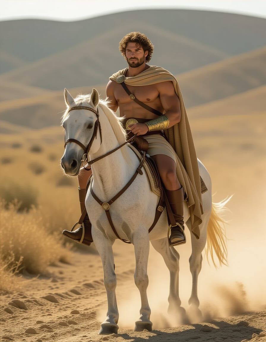 Handsome Man in Chiton Rides Horse Through Dusty Landscape