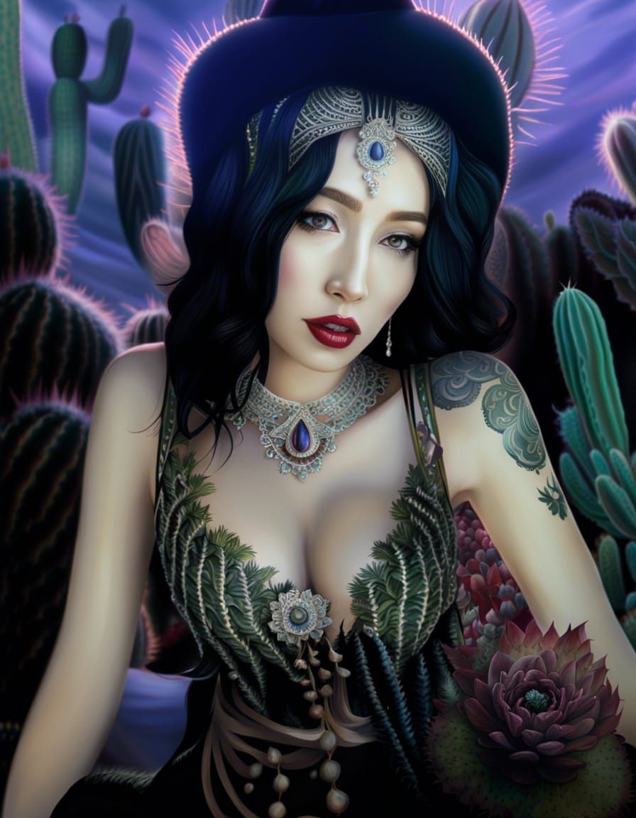 Cactus Goddess in Hyperdetailed Charcoal Drawing