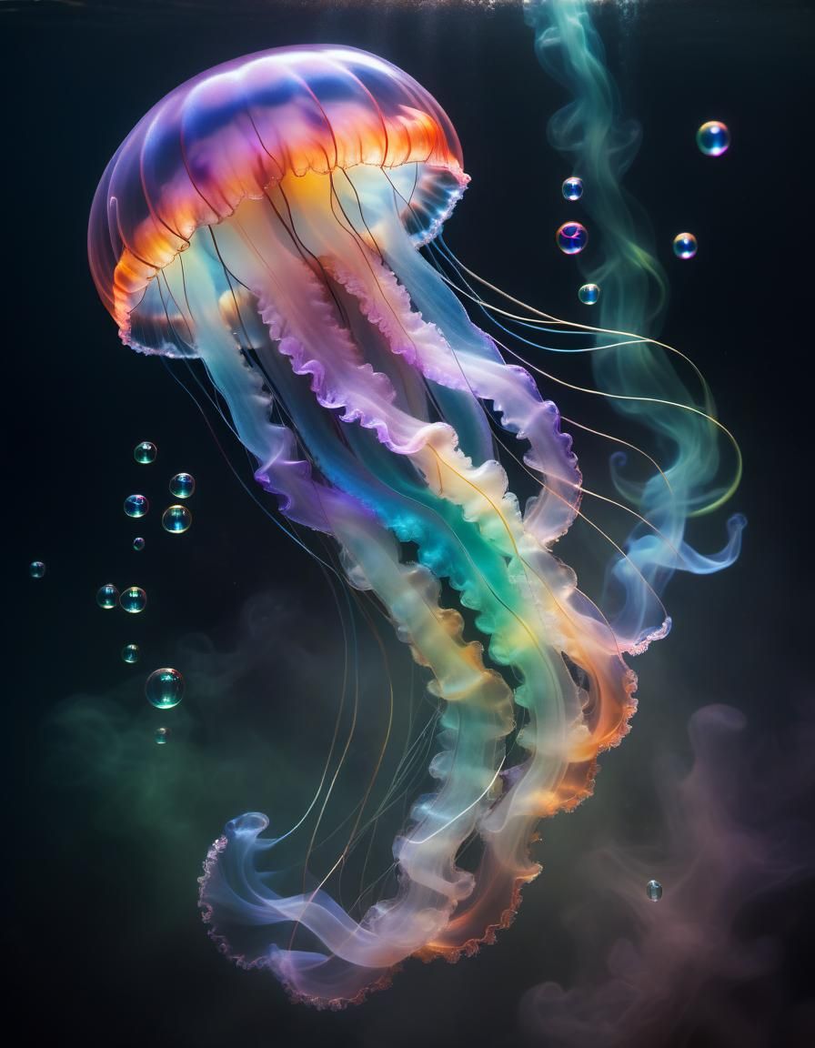 Rainbow Smoke Jellyfish Underwater in Hyperrealistic Style