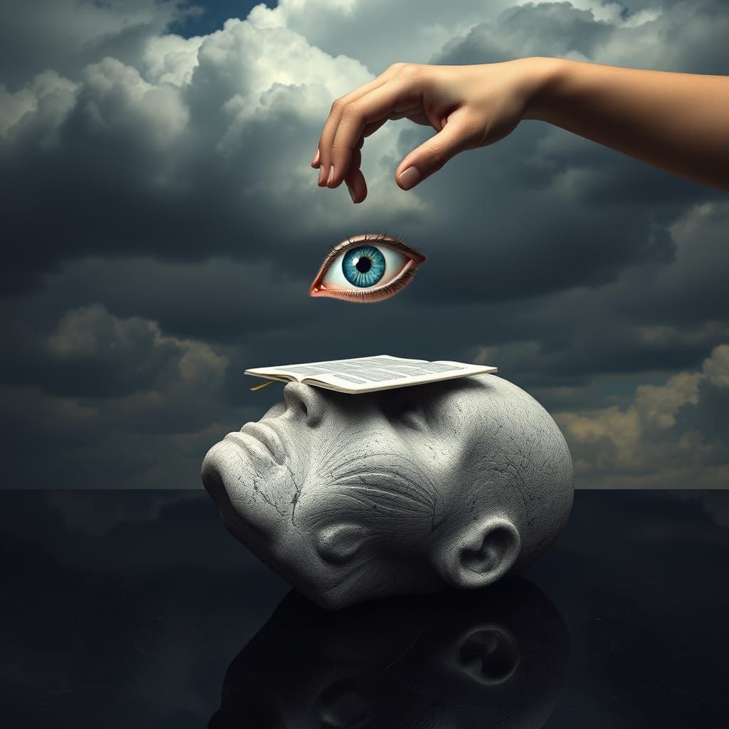 Surreal Stone Head with Floating Eye and Descending Hand