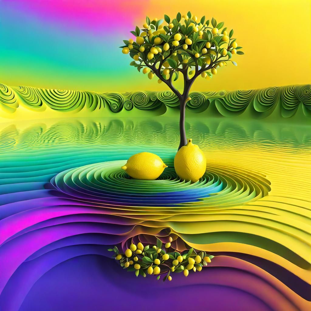 Yrllow Submarone , yellow lake, calm abstract vector fractal, wave function, Zentangle, 3d shading. Surrounded by yellow...