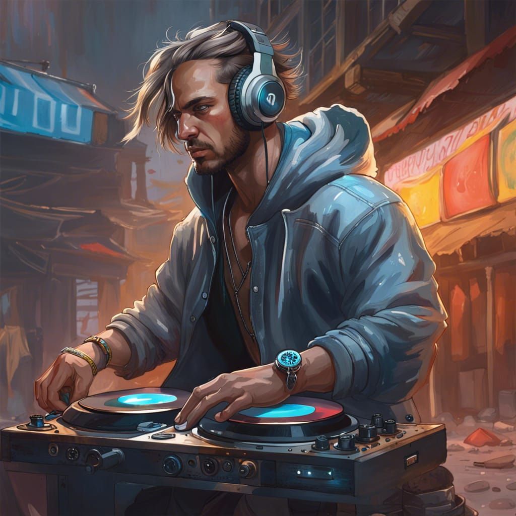 Warrior DJ in Abandoned City: Hyperrealistic Portrait