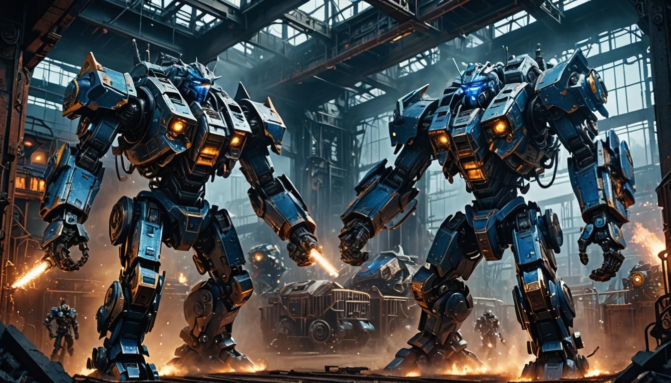 Mecha Combat in Neon Arena: Detailed Matte Painting