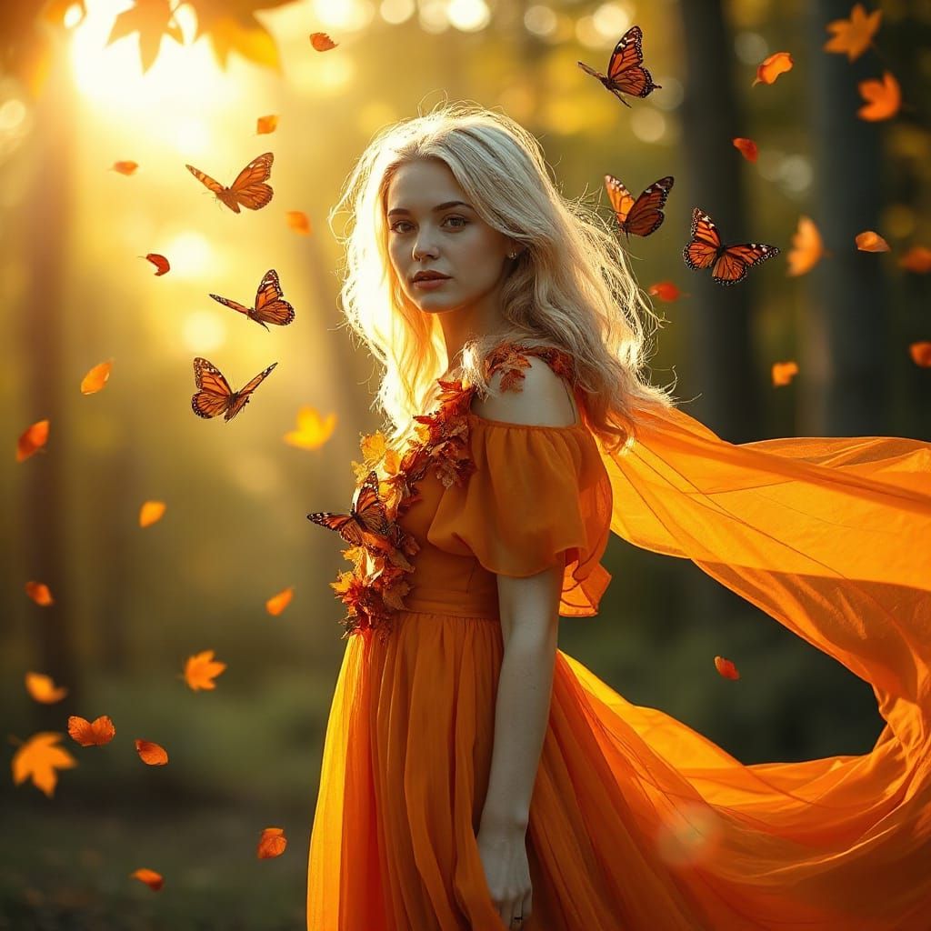 Ethereal Blonde Woman in Autumn Landscape with Monarch Butte...