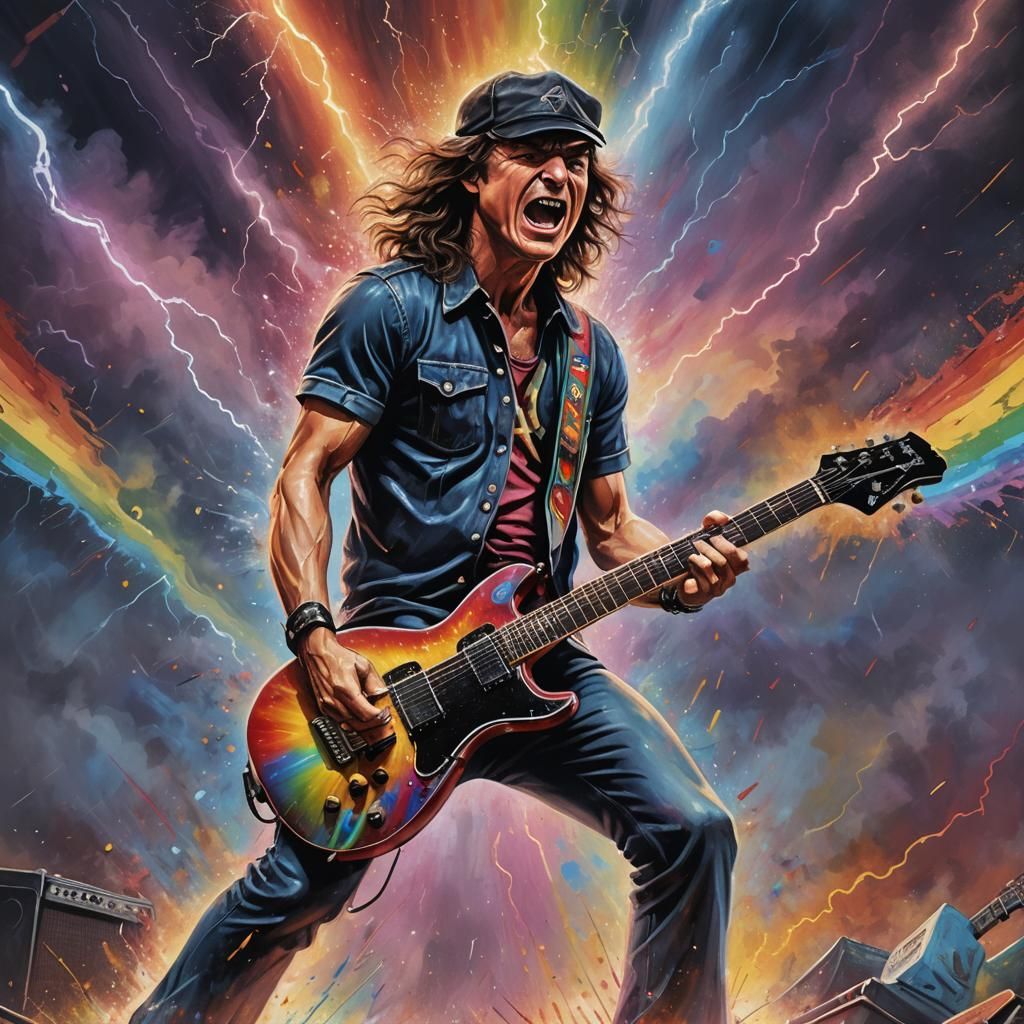 Electric Guitarist with Rainbow Lightning: Hyperrealistic Ar...