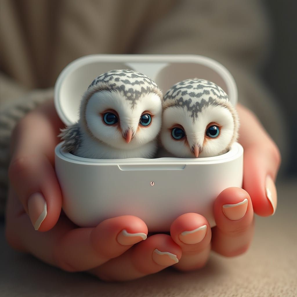 Fluffy Owls in AirPods Case Held in Hand