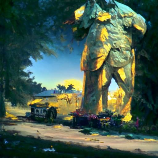 Overgrown Statue at Sunset: Oil Painting