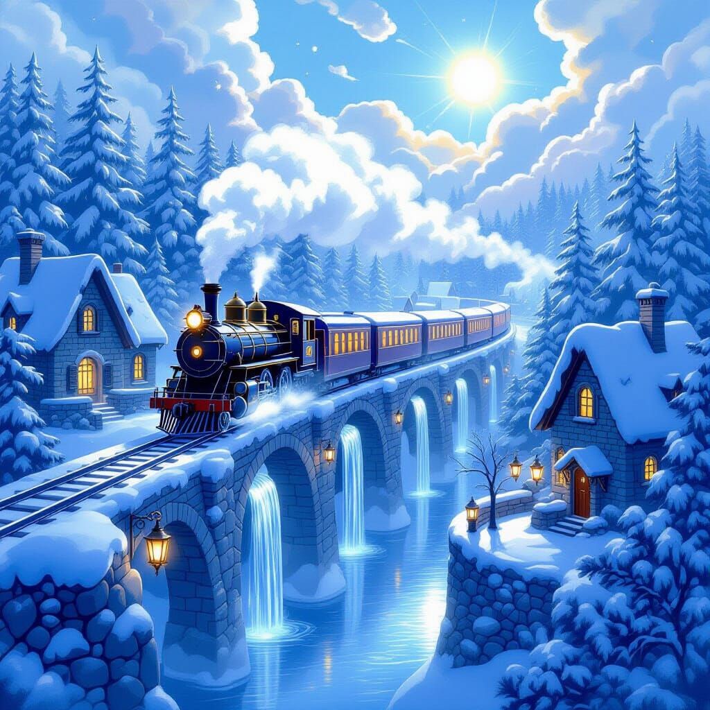 Crystal Train in Snowy Forest Village