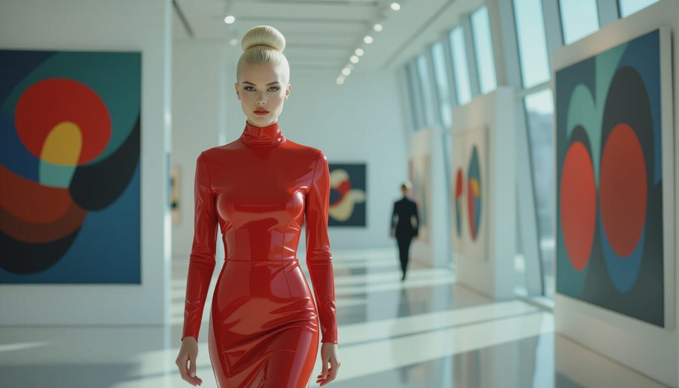 Norwegian Secretary in Red Latex Dress in Art Gallery