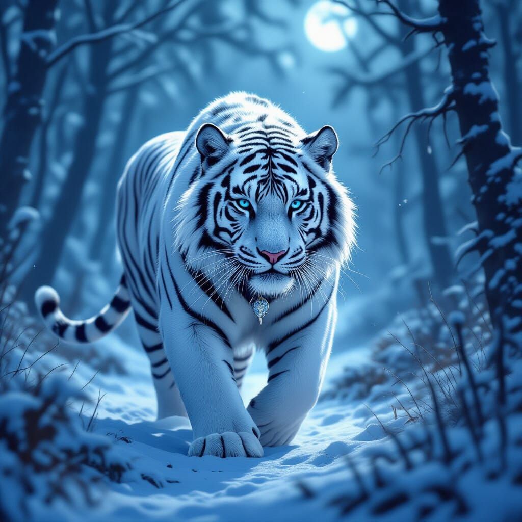 Majestic White Tiger Stalking Prey in Misty Forest