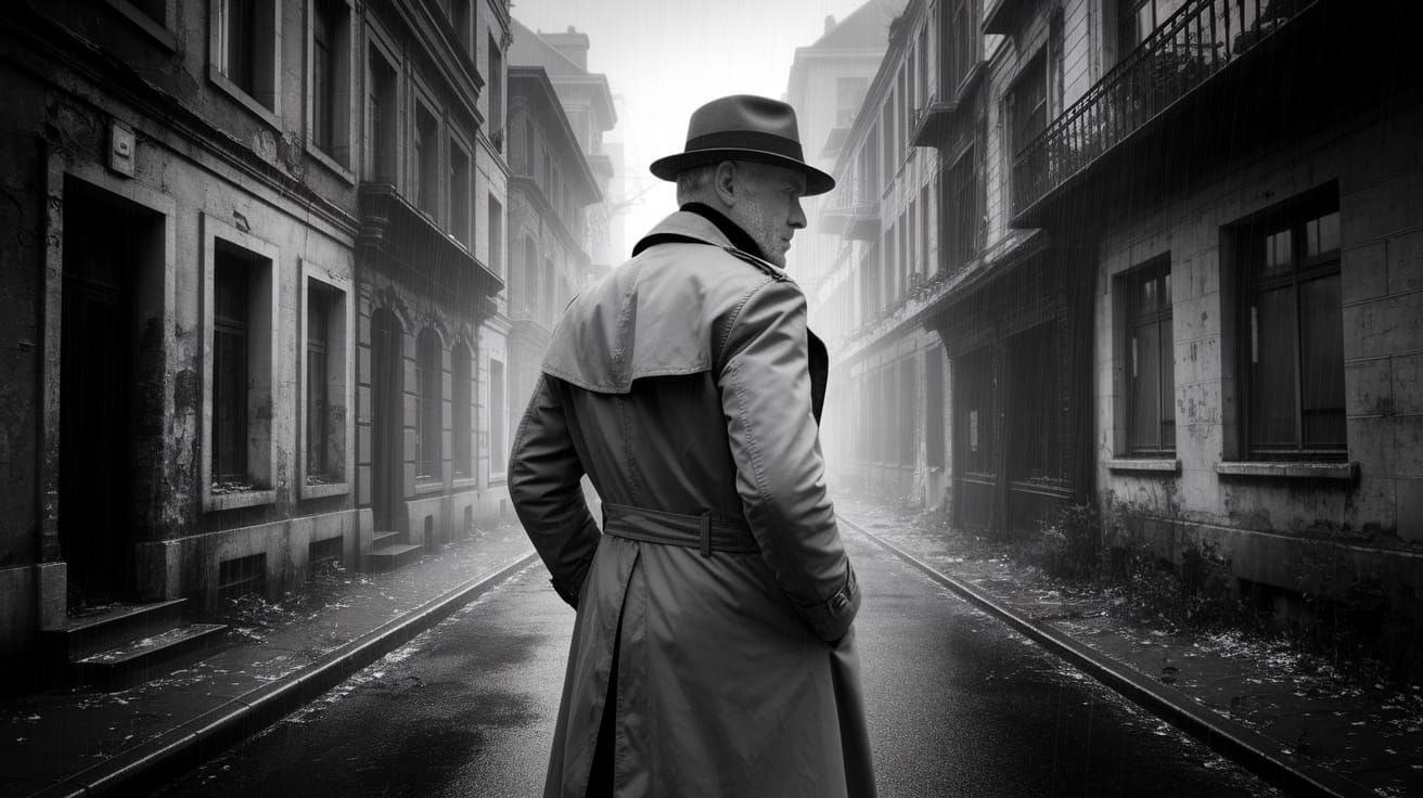 Mysterious Figure in a Rain-Soaked Street Scene