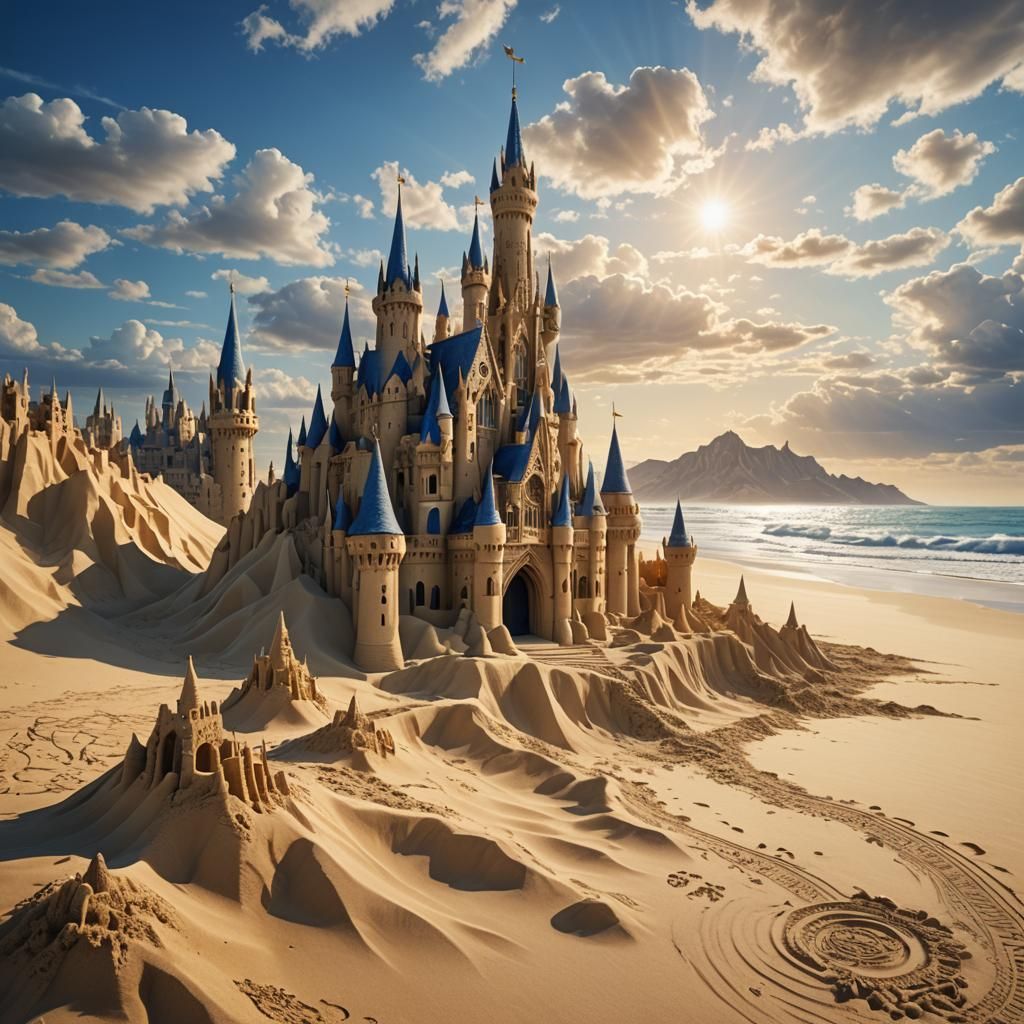 Ornate Sandcastle on Beach: Gothic Byzantine Fantasy Art